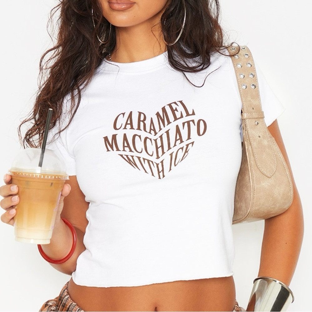 PrettyLittleThing Petite White Cap Sleeve Graphic Crop Top